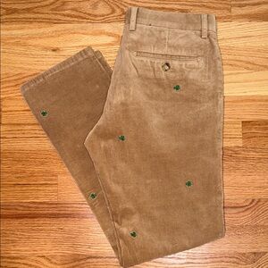 Men's Corduroy Pants in Tan with Green Clover Embroidery